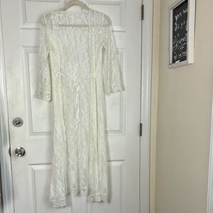 Sexy white lace robe long sleeve maxi cover up lingerie one size swim beach